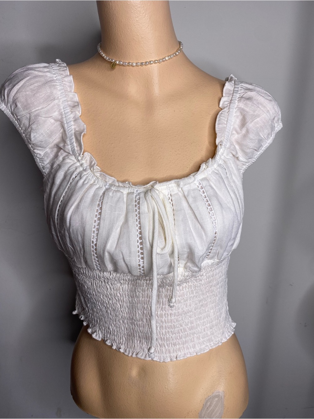White Smocked Peasant Crop Top with Lace Trim